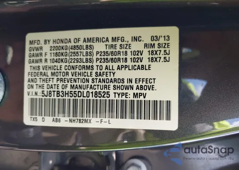 2013 Acura Rdx z USA, uszkodzony, nr VIN 5J8TB3H55DL018525